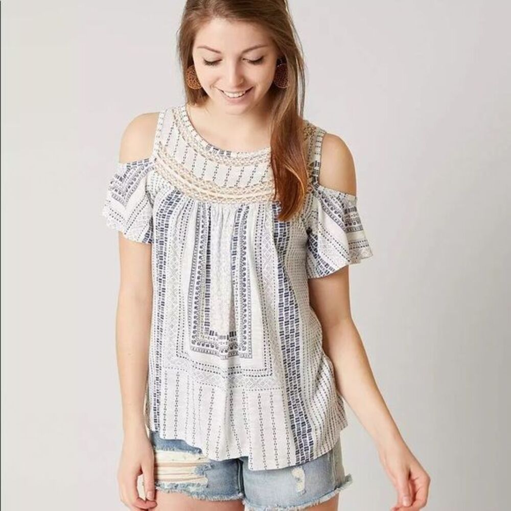 Lucky Brand Ivory and Navy Cold Shoulder Blouse